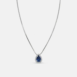 Collier Pendentif Or Blanc 14K - Saphir Bleu & Diamants