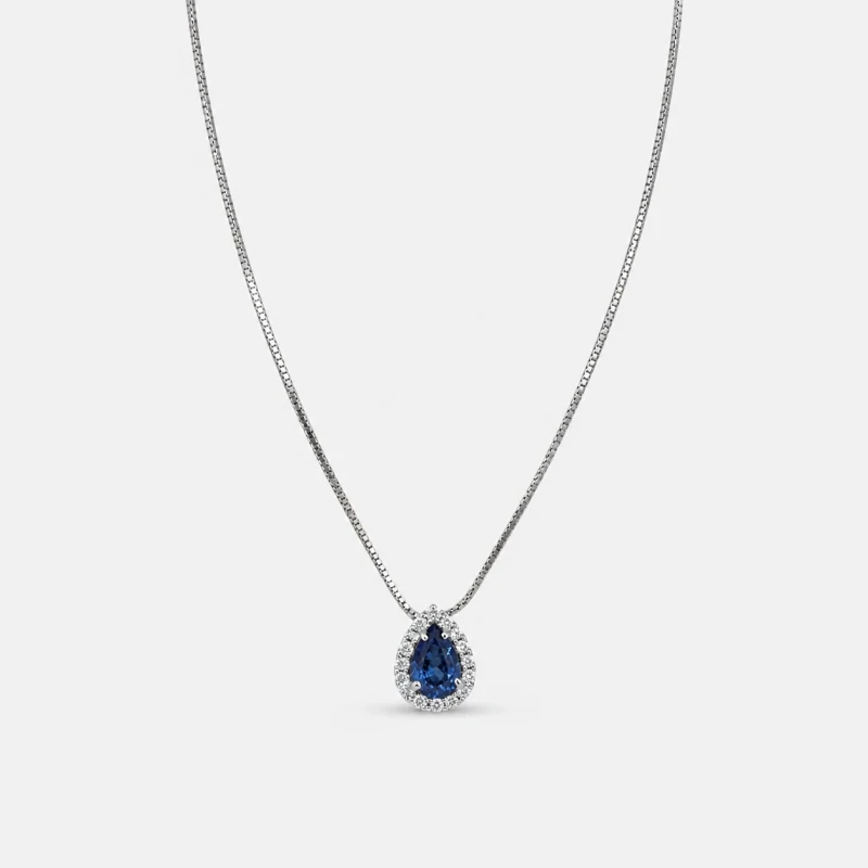 Collier Pendentif Or Blanc 14K - Saphir Bleu & Diamants