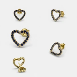Boucles d'Oreilles Cœur Or Jaune 14K - Saphirs & Diamants - Fabriqué en Italie
