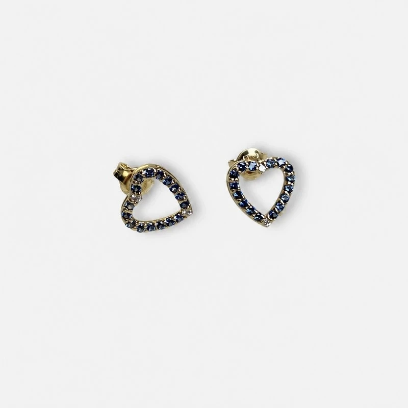 Boucles d'Oreilles Cœur Or Jaune 14K - Saphirs & Diamants - Fabriqué en Italie