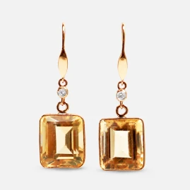 Boucles d'Oreilles Or Jaune 14K - Citrine Solaire & Diamants