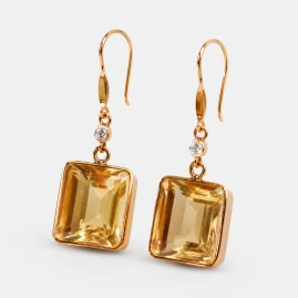Boucles d'Oreilles Or Jaune 14K - Citrine Solaire & Diamants
