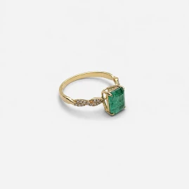 Bague Or Jaune 14K - Émeraude Naturelle 1.93ct Coupe Émeraude & Diamants