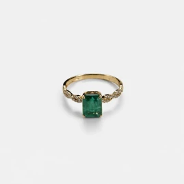 Bague Or Jaune 14K - Émeraude Naturelle 1.93ct Coupe Émeraude & Diamants