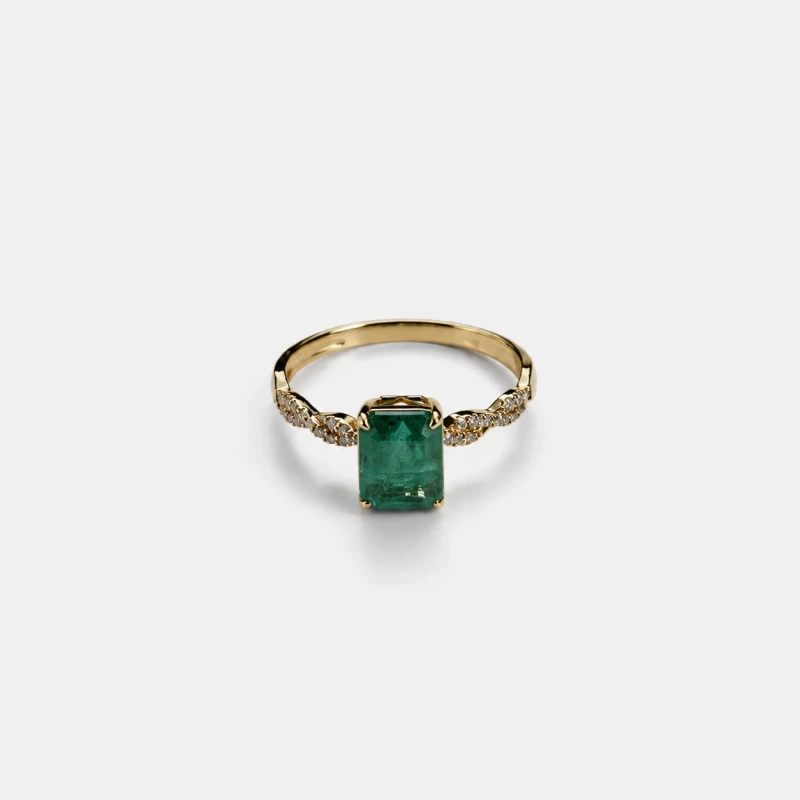 Bague Or Jaune 14K - Émeraude Naturelle 1.93ct Coupe Émeraude & Diamants