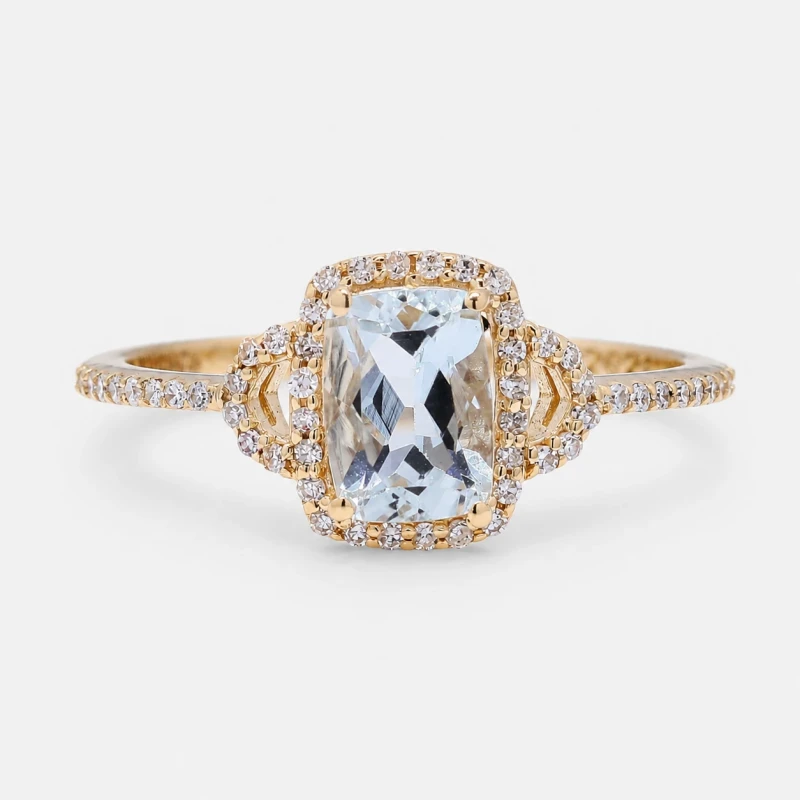 Bague Or Jaune 14K - Aigue-Marine Naturelle 0.92ct & Diamants - Certifiée HRD
