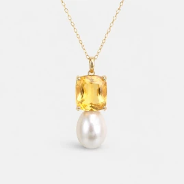 Collier Or Jaune 14K - Citrine Taille Coussin 2.71ct & Perle d'Eau Douce