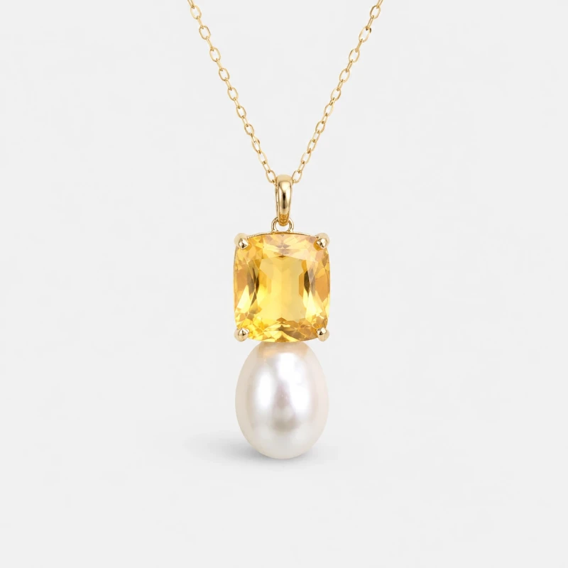 Collier Or Jaune 14K - Citrine Taille Coussin 2.71ct & Perle d'Eau Douce