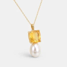 Collier Or Jaune 14K - Citrine Taille Coussin 2.71ct & Perle d'Eau Douce