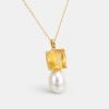 Collier Or Jaune 14K - Citrine Taille Coussin 2.71ct & Perle d'Eau Douce
