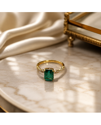 Bague Or Jaune 14K - Émeraude Naturelle 1.93ct Coupe Émeraude & Diamants