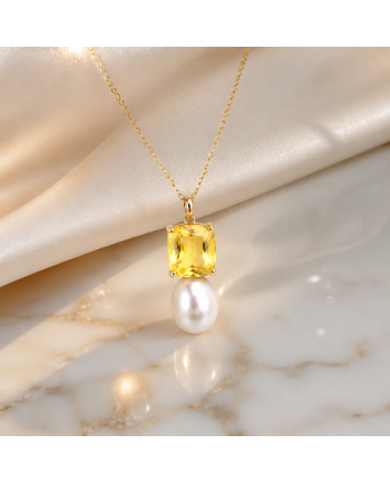 Collier Or Jaune 14K - Citrine Taille Coussin 2.71ct & Perle d'Eau Douce