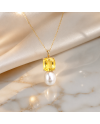 Collier Or Jaune 14K - Citrine Taille Coussin 2.71ct & Perle d'Eau Douce