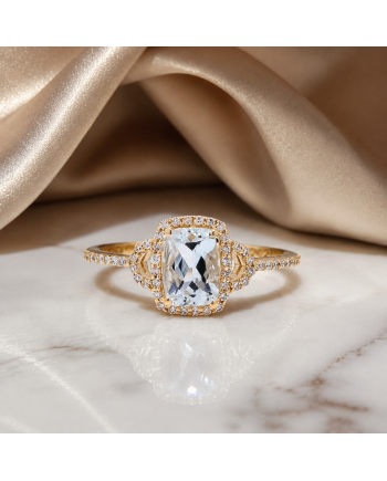Bague Or Jaune 14K - Aigue-Marine Naturelle 0.92ct & Diamants - Certifiée HRD
