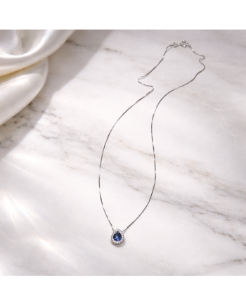 Collier Pendentif Or Blanc 14K - Saphir Bleu & Diamants