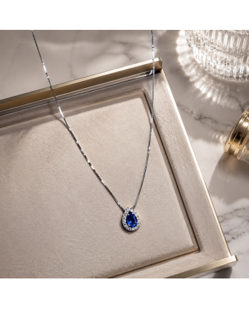 Collier Pendentif Or Blanc 14K - Saphir Bleu & Diamants