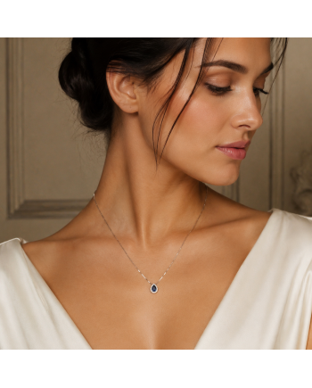 Collier Pendentif Or Blanc 14K - Saphir Bleu & Diamants