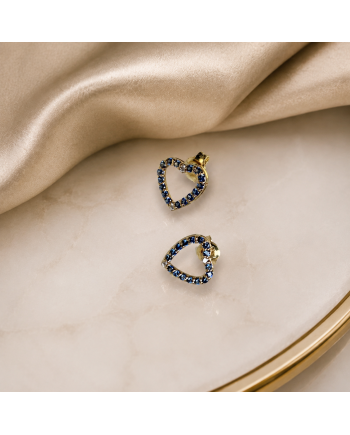 Boucles d'Oreilles Cœur Or Jaune 14K - Saphirs & Diamants - Fabriqué en Italie