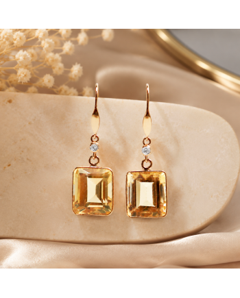 Boucles d'Oreilles Or Jaune 14K - Citrine Solaire & Diamants