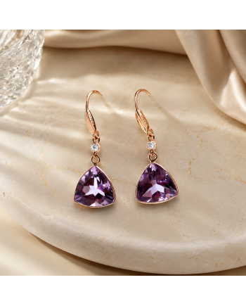 Boucles d'Oreilles Or Jaune 14K - Améthyste Violette & Diamants
