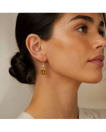Boucles d'Oreilles Or Jaune 14K - Citrine Solaire & Diamants